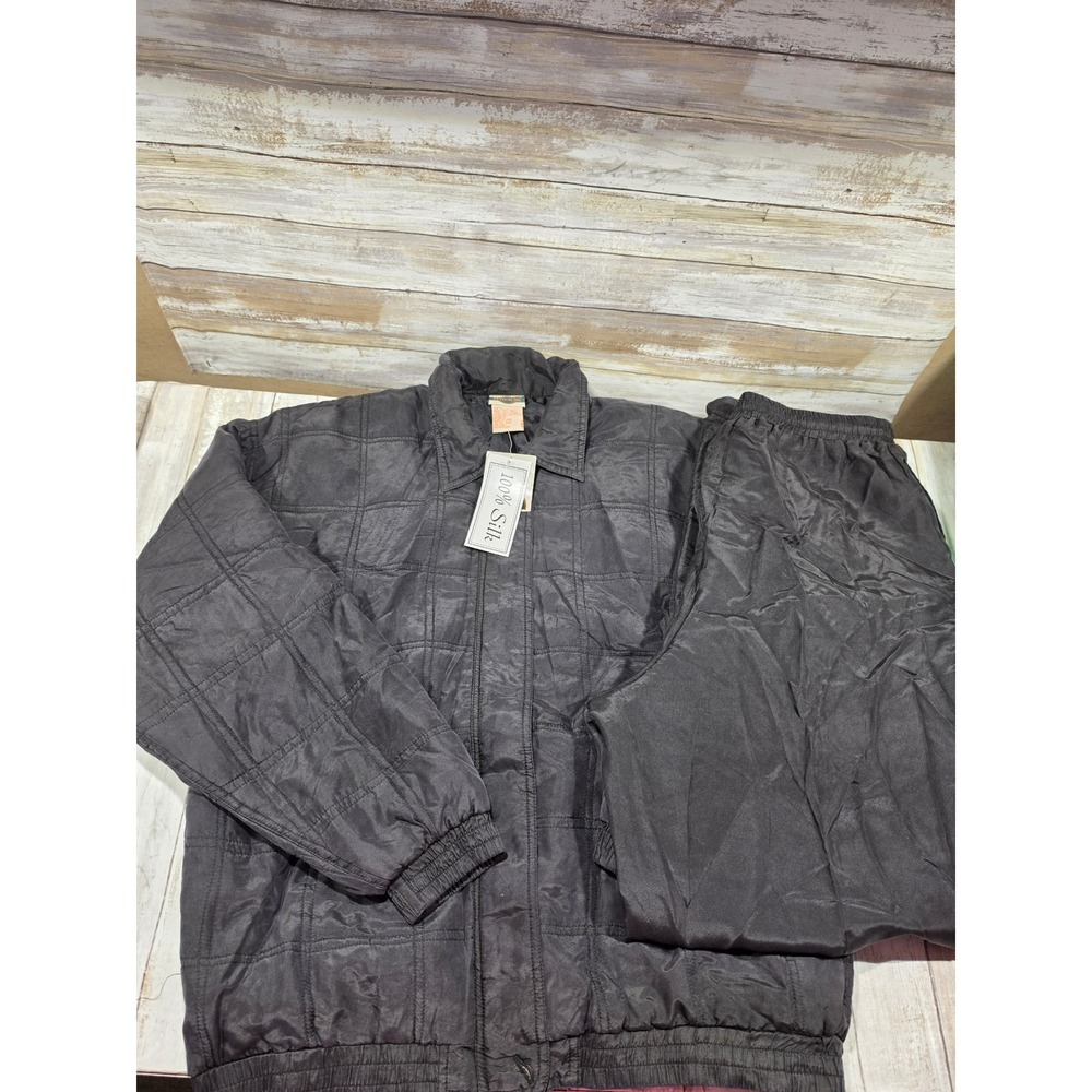 Out Brook Womens 100% Silk Quilted Tracksuit Jacket Pants Set Black Size M READ